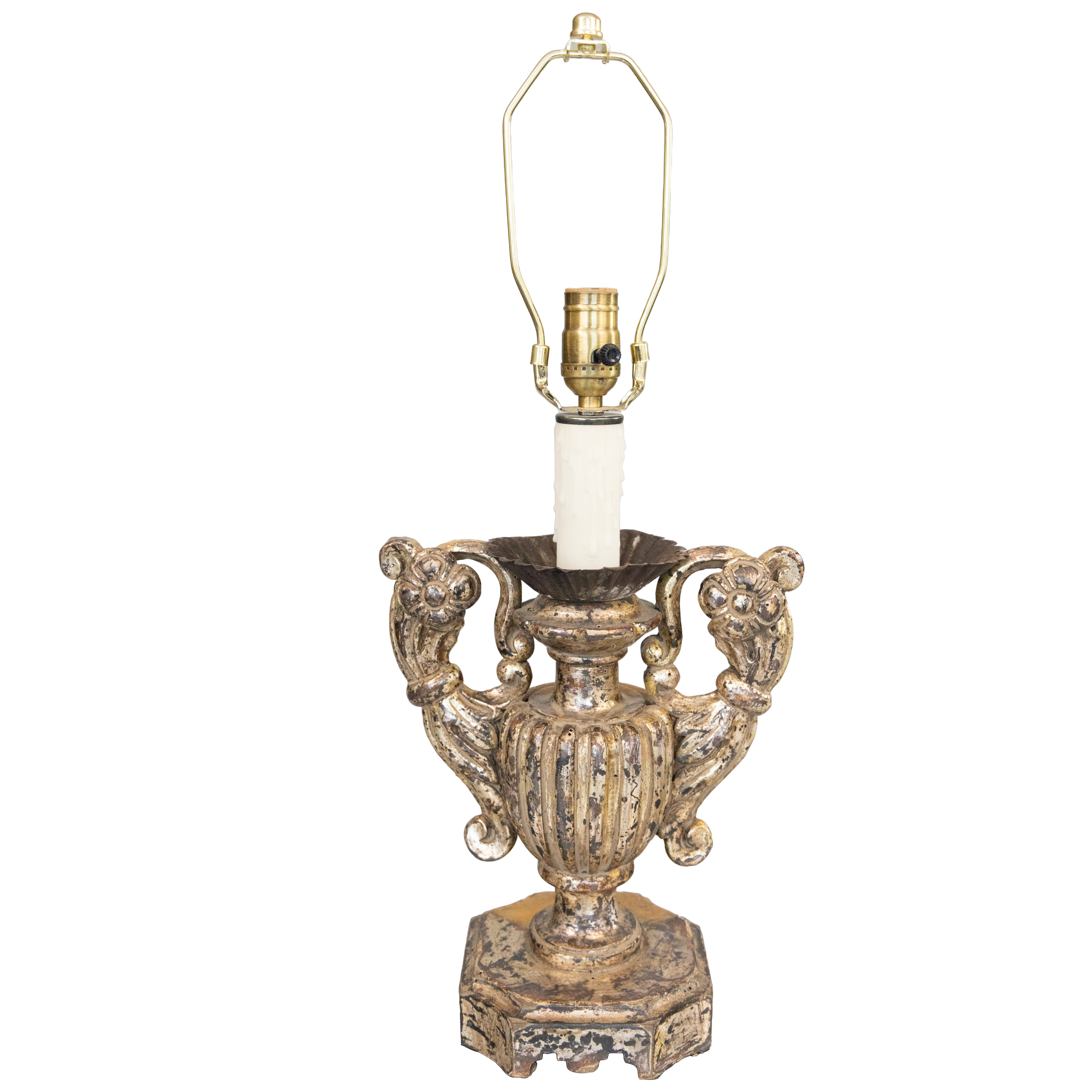 Italienische geschnitzte Kerzenständerlampe im Barockstil, Silber vergoldetes Holz geschnitzt