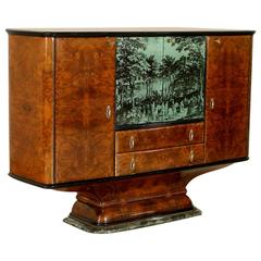 Bar Cabinet Burl Veneer Back-Painted and Screen-Printed Glass Marble, 1940s
