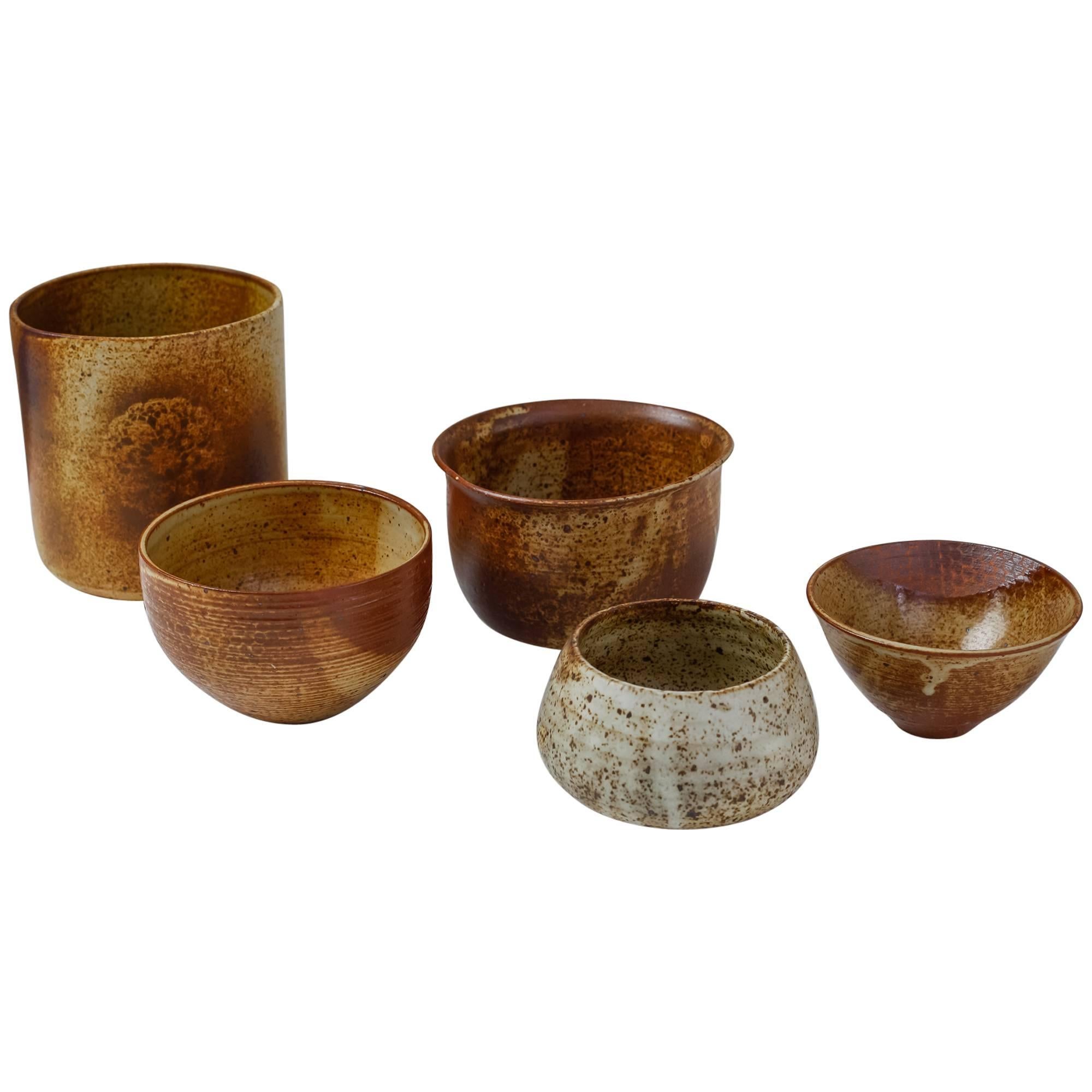 Franco Agnese Set of Five Ceramic Earth Tone Bowls, France, 1960s