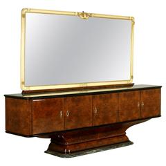 Sideboard with Mirror Burl Veneer Back-Painted Glass Marble, Italy, 1940s