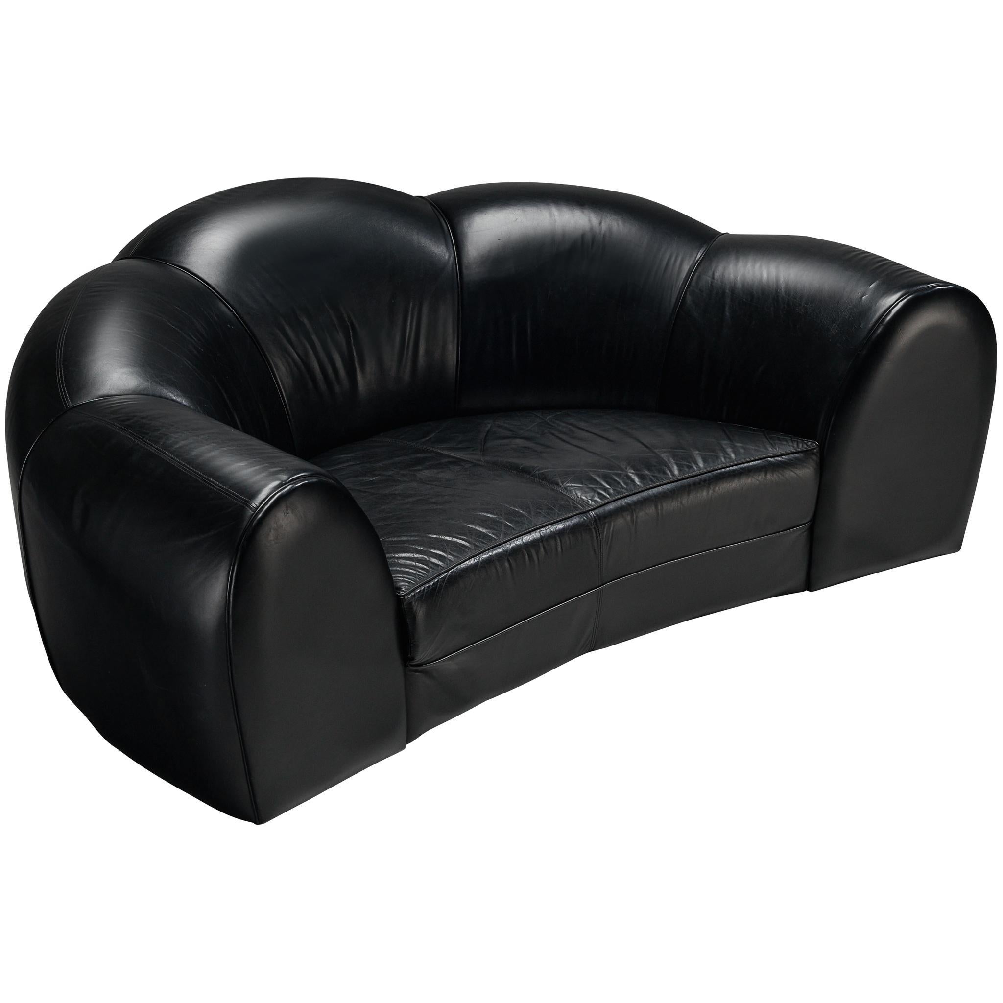 French Bulbous Croissant Shaped Sofa in Black Leather