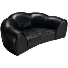 French Bulbous Croissant Shaped Sofa in Black Leather