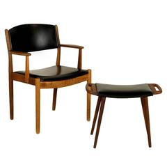 Chair with Footrest Teak Veneer Foam Leather, Manufactured in Denmark by Mobler