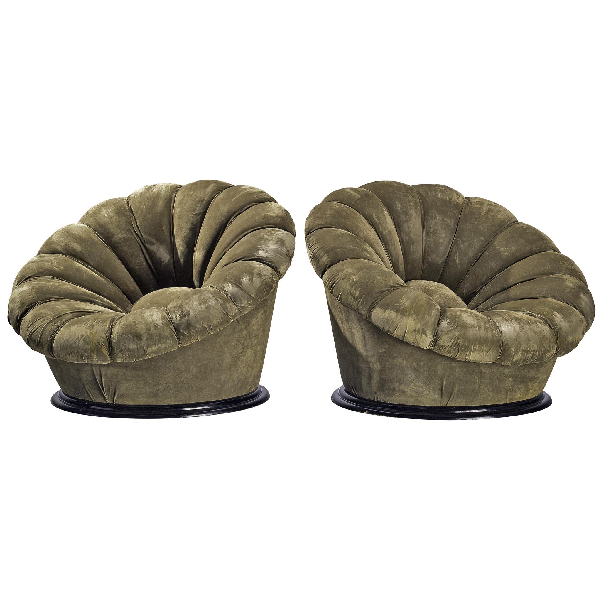Italian Organic Pair of Lounge Chairs in Khaki Green Velvet