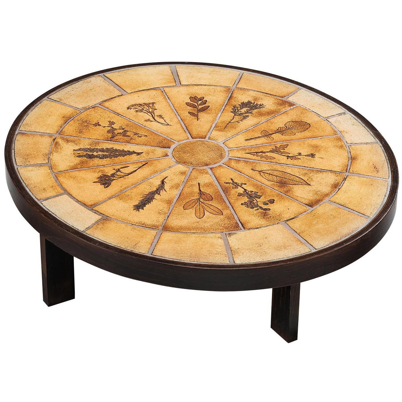 Roger Capron Tavolino ovale con impronte di fauna in ceramica e Wood