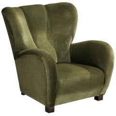 Danish Wingback Lounge Chair mit moosgrünem Bezug