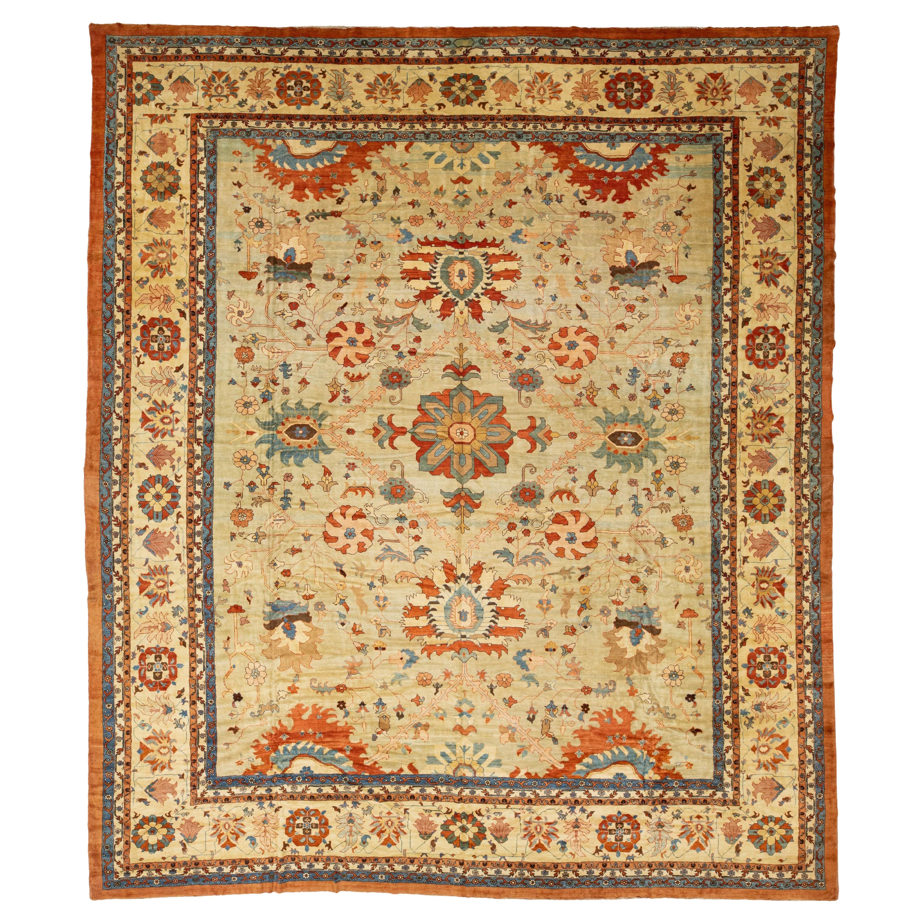 Vintage Sultanabad Wool Rug Handmade in Blue with Rust Floral Design