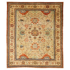 Vintage Sultanabad Wool Rug Handmade in Blue with Rust Floral Design