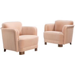 Paar Art-Déco-Clubsessel aus pulverrosa Mohair im Art déco-Stil