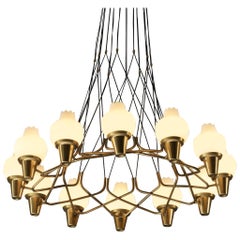 Hans Bergström for Ateljé Lyktan Chandelier in Brass and Frosted White Glass