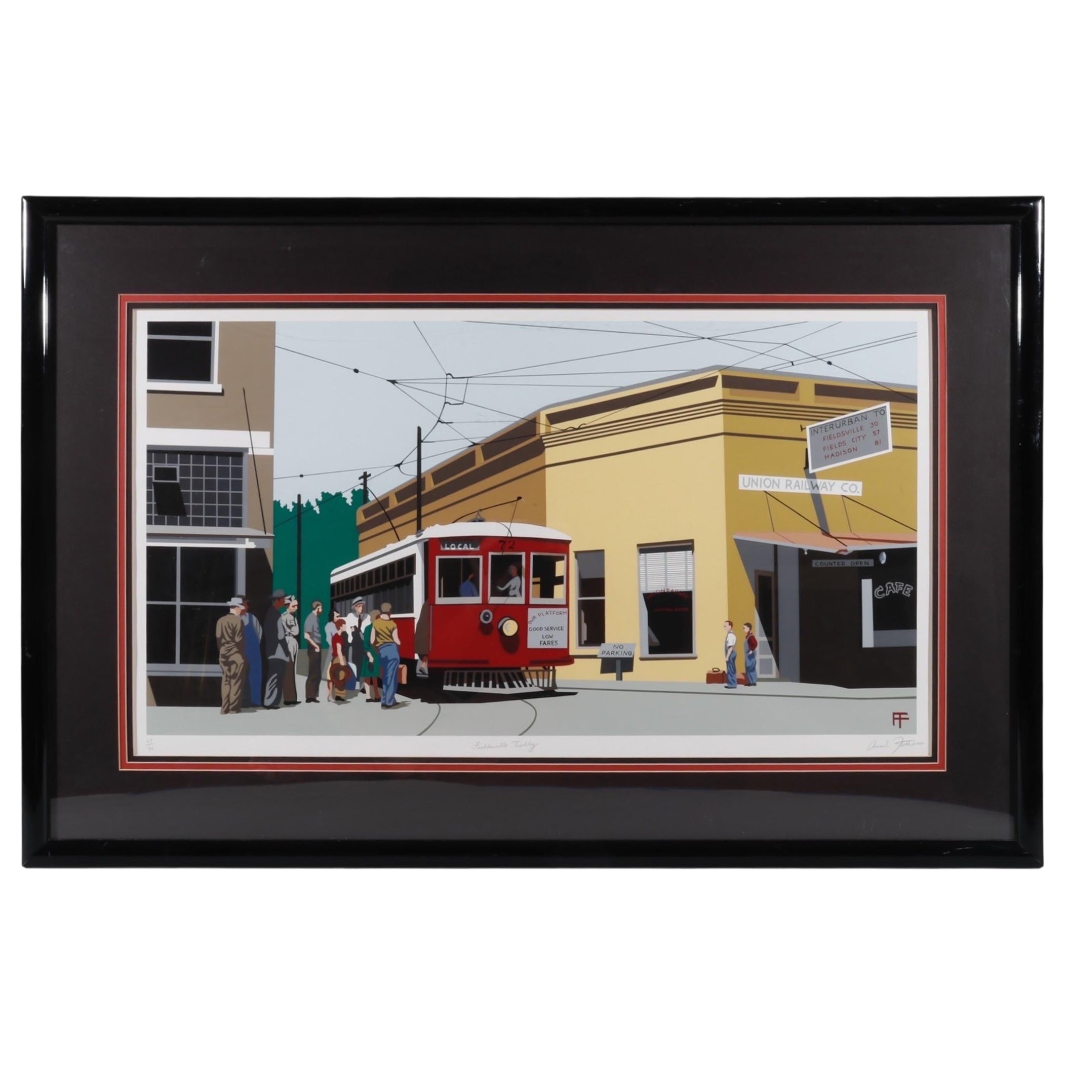 Serigrafía de edición limitada de 1970 "Fieldsville Trolley" de Armond Fields en venta