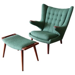 1950s Hans J. Wegner Papa Bear AP19 Chair and Ottoman Teak and Boucle
