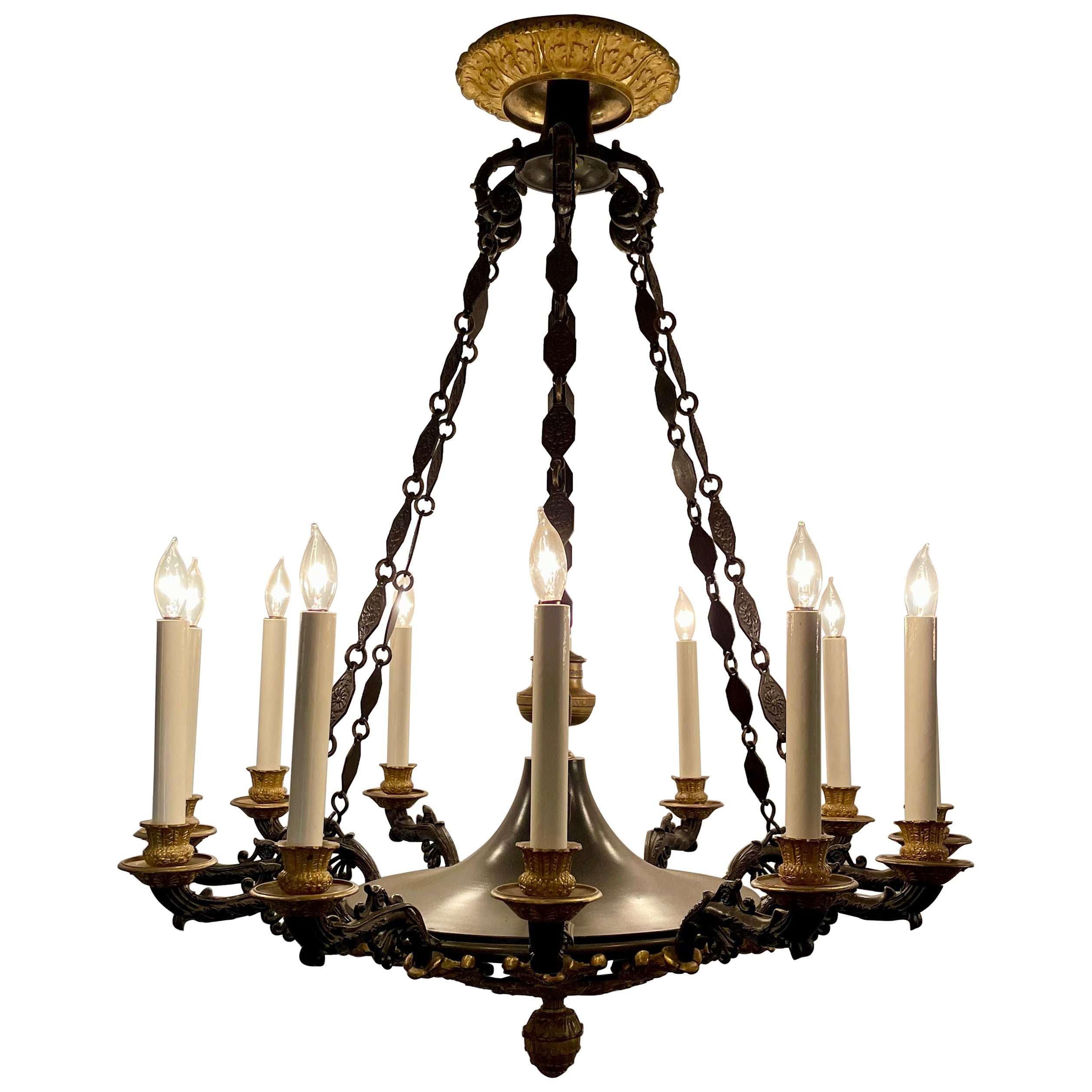 Antique French Empire Ormolu & Patinated Bronze 12 Light Chandelier, Circa 1890.