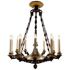 Antique French Empire Ormolu & Patinated Bronze 12 Light Chandelier, Circa 1890.
