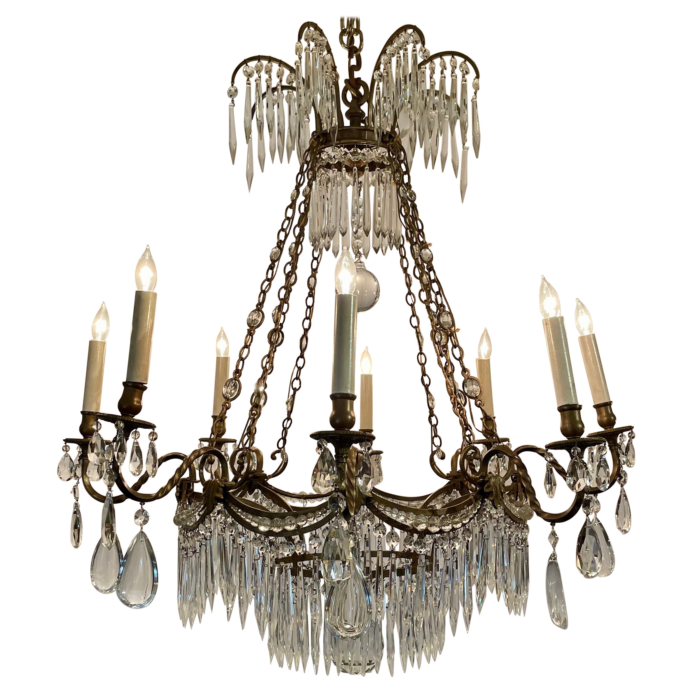 Antique Northern European Cut Crystal and Bronze Chandelier, Circa 1910-1920.