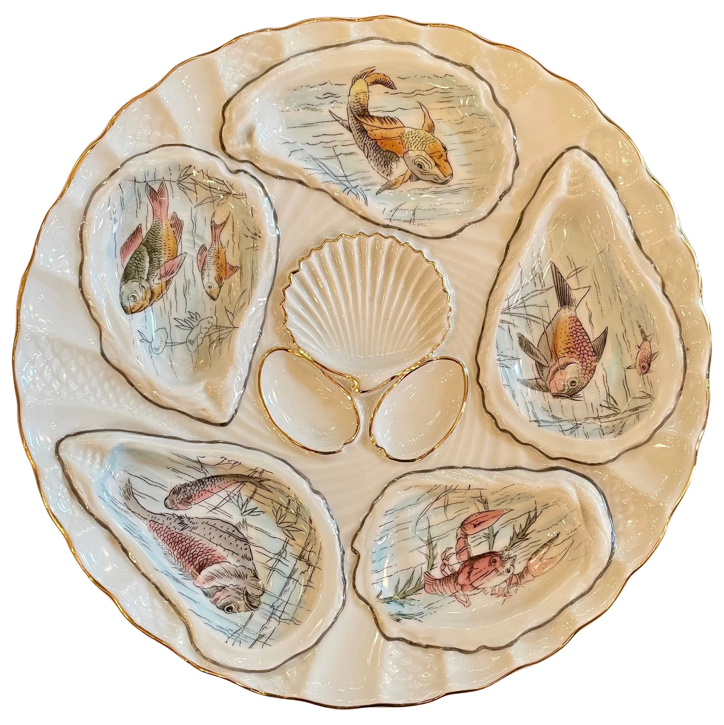 Antico piatto da ostriche tedesco in porcellana dorata dipinta a mano con vita marina Circa 1890