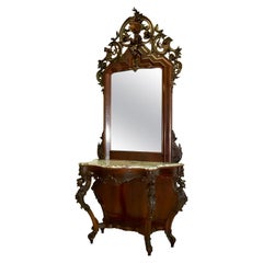 Antique Mid-19th Century Hand Carved Italian Console with Marble Top and Mirror