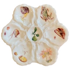 Antique French Limoges, piatto in porcellana dipinto a mano con vita marina e ostriche, CIRCA 1880