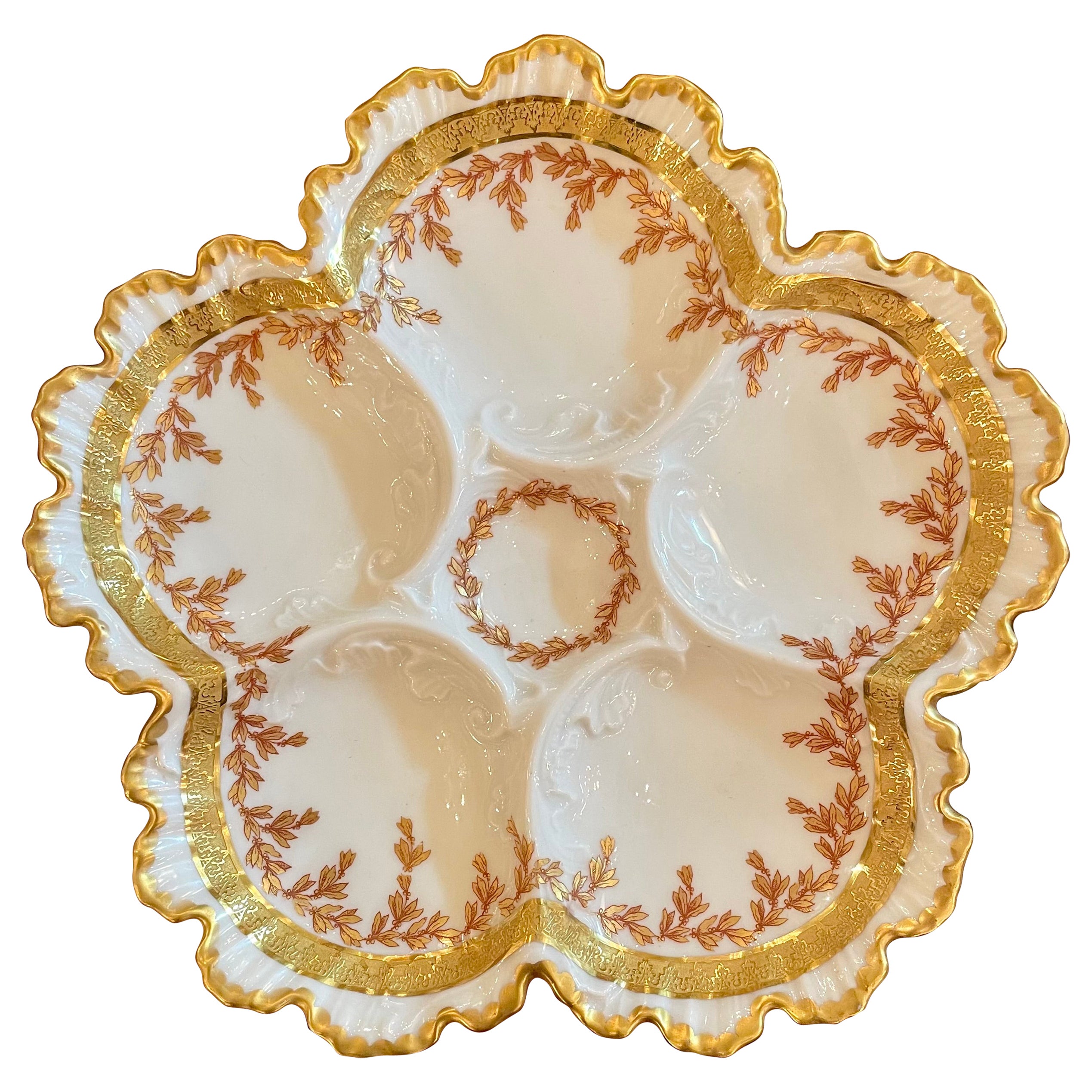 Antique French Limoges Porcelain "Martin China" Oyster Plate with Gold, Ca 1900.