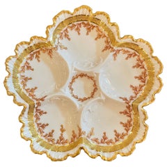 Antique French Limoges Porcelain "Martin China" Oyster Plate with Gold, Ca 1900.