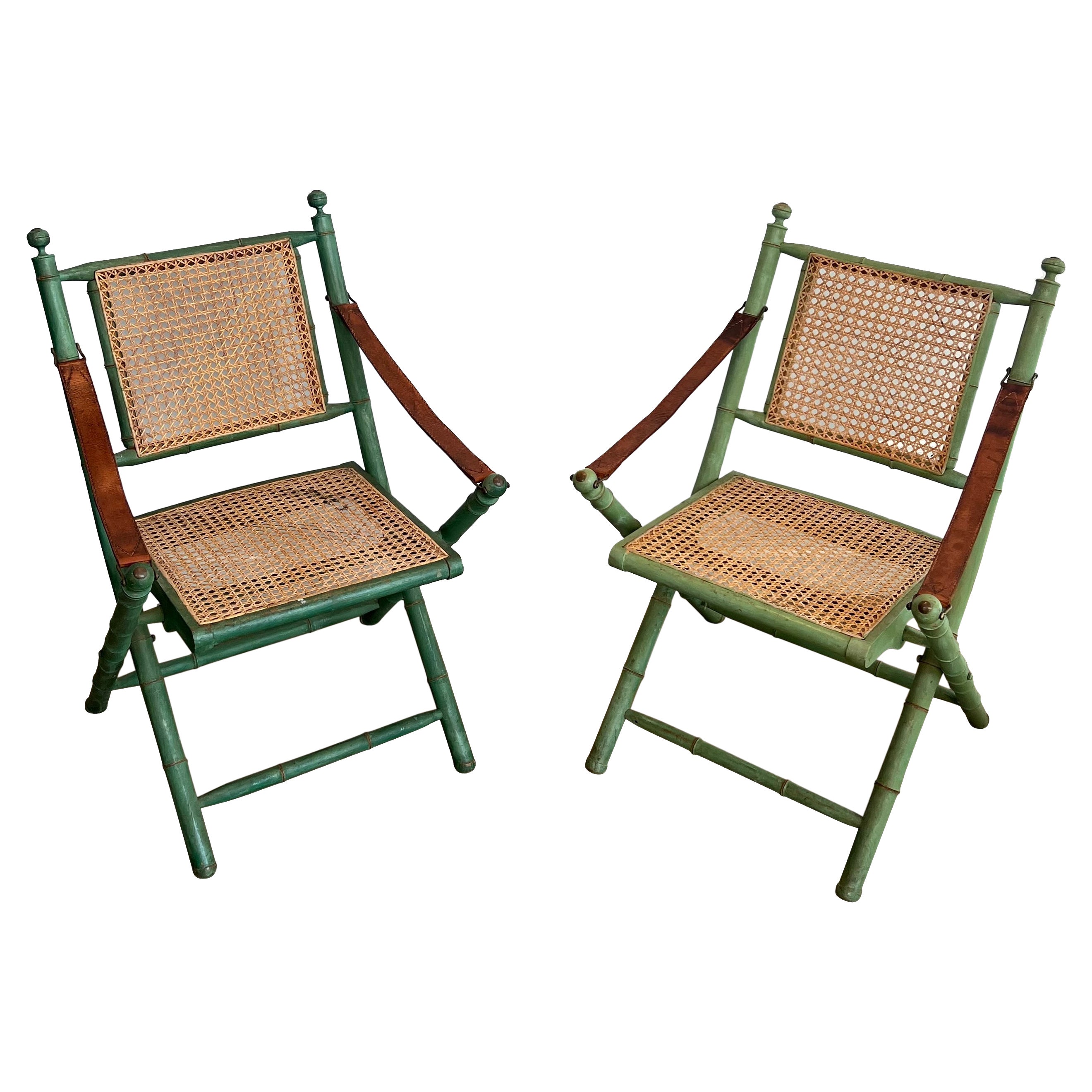 Pair of Folding Safari Chairs in Patinated Faux-Bamboo with Caned Backs and Seat