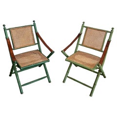 Pair of Folding Safari Chairs in Patinated Faux-Bamboo with Caned Backs and Seat