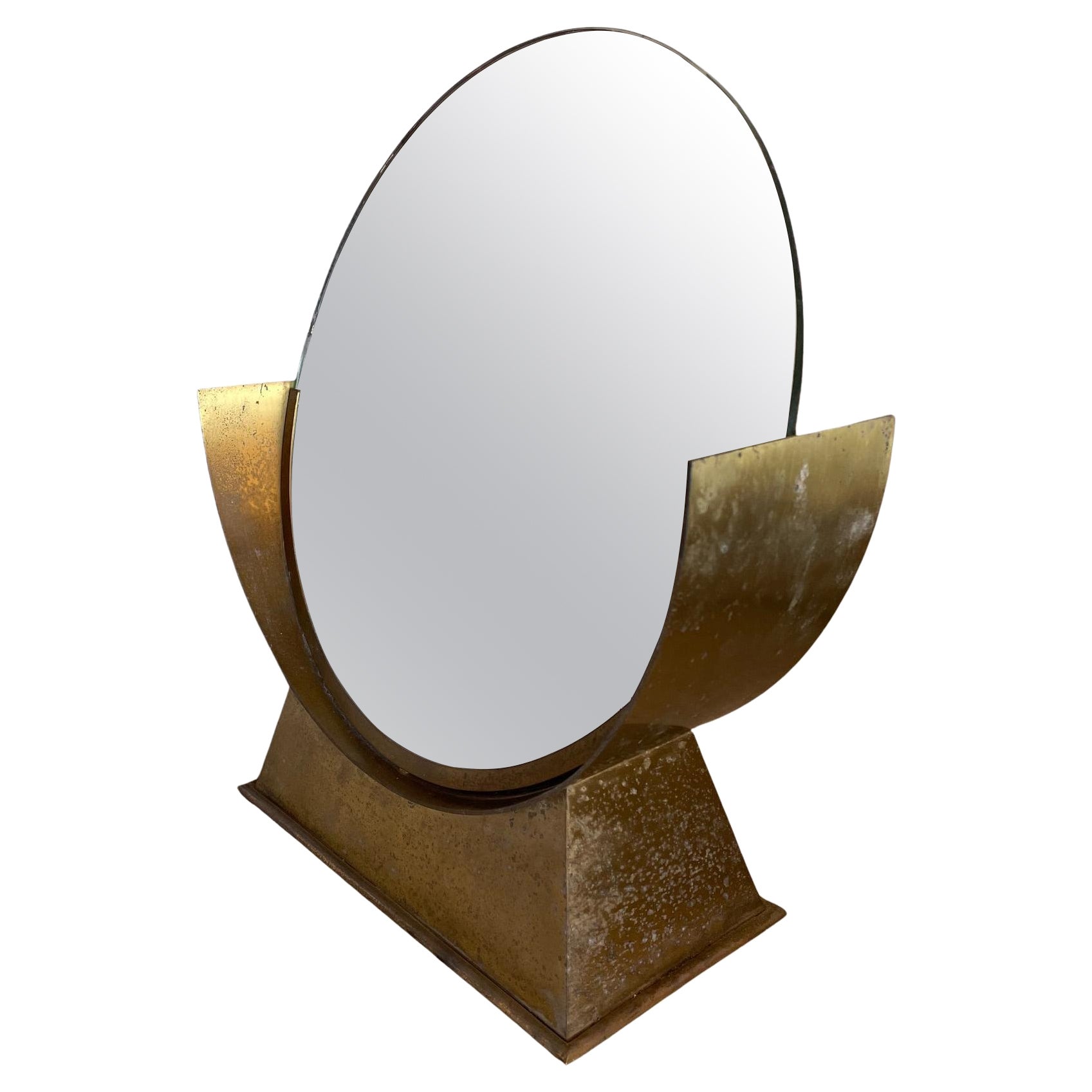 Round Art Deco brass table mirror