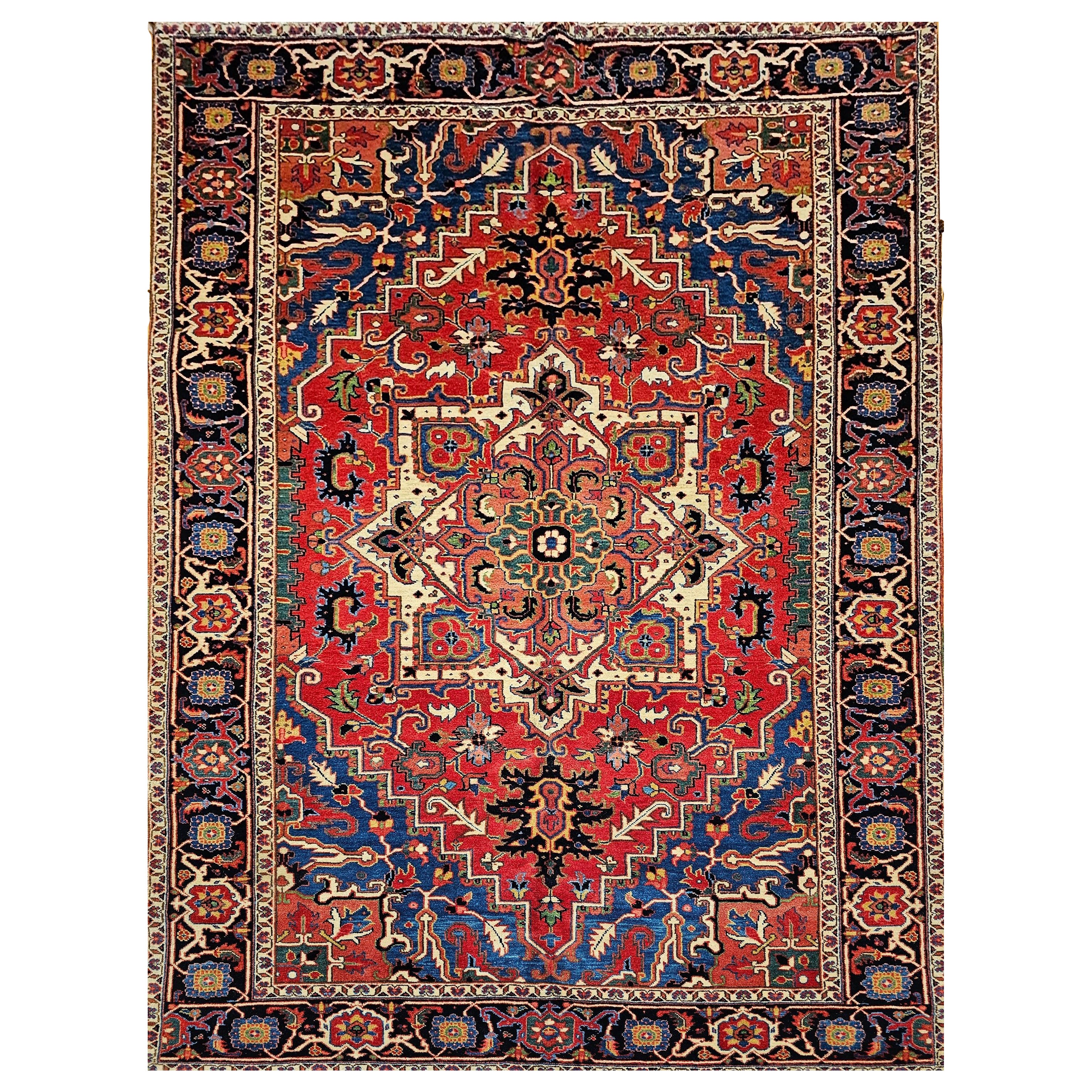 Vintage Persian Heriz Serapi Rug in Terracotta, French Blue, Green, Ivory, Red