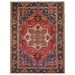 Vintage Persian Heriz Serapi Rug in Terracotta, French Blue, Green, Ivory, Red
