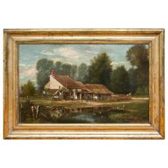 Antique 19th Century Oil on Canvas Farm Scene by John O'brien Inman