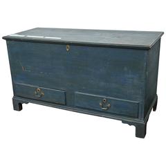 Antique 18th Century Blue Painted Chippendale Blanket Chest