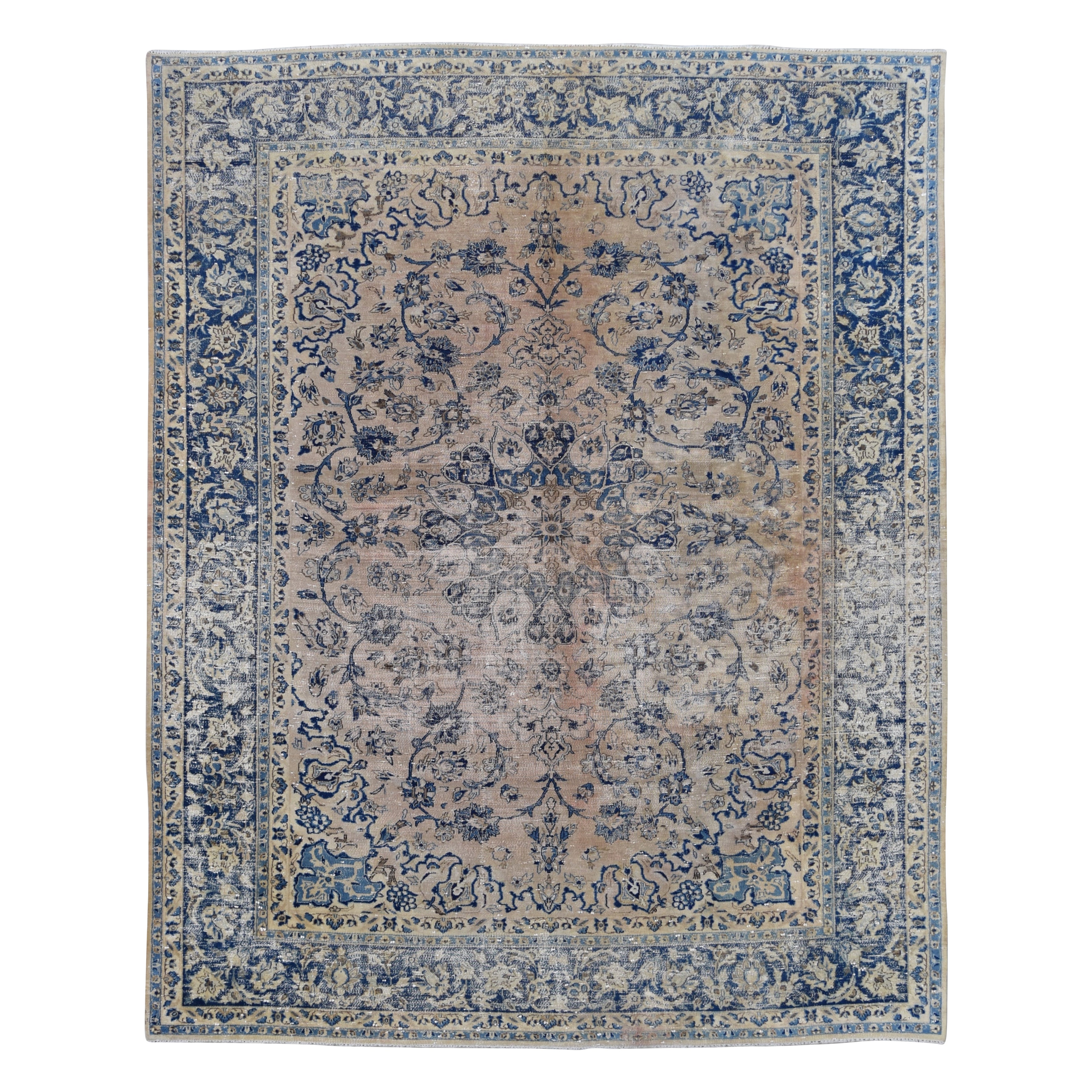 Alfombra de lana envejecida Victorian Vintage Beige y Azul 9'7''x12'