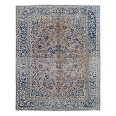 Victorian Antique Beige and Blue Wool Distressed Wool Rug 9'7''x12'