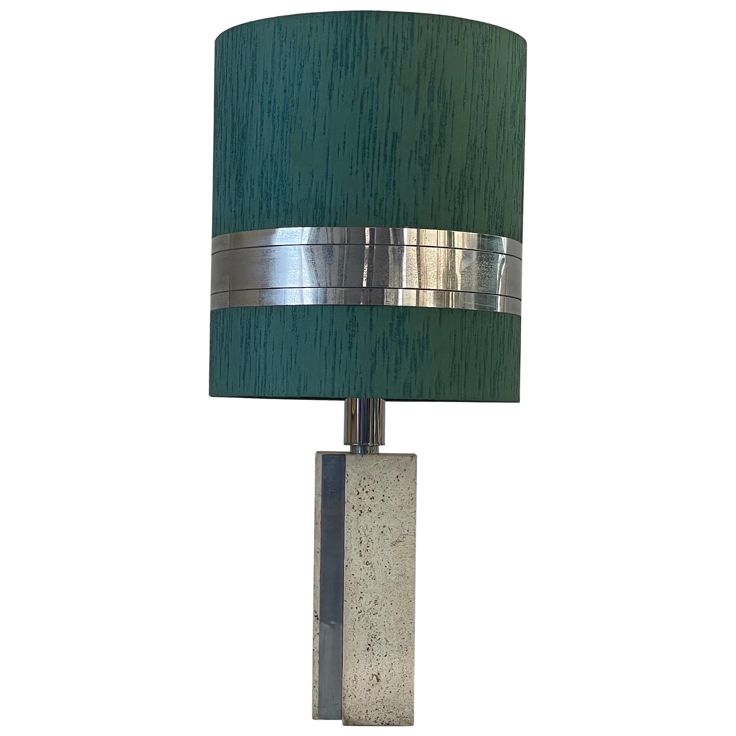 XL Tischlampe aus Travertin mit grünem Stoffschirm, 1970er Jahre, Italien
