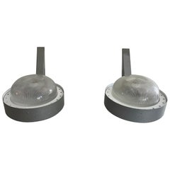 Glass and Gray Metal Large Pair of Industrial Outdoor Sconces, 1970s, Italy