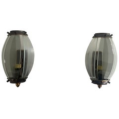 Italian Curved Glass and Metal Set of 2 Sconces, 1950s, Italy