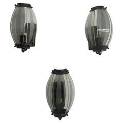 Italian Curved Glass and Metal Set of 3 Sconces, 1950s, Italy