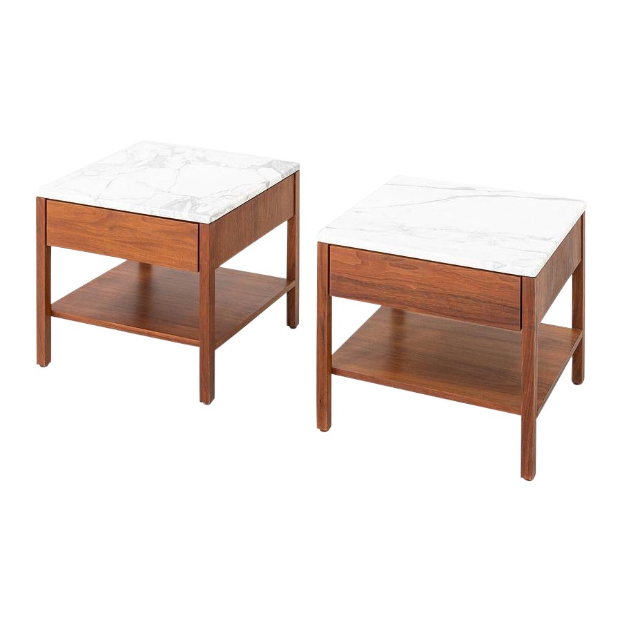 1960s Pair of Florence Knoll Bedside Tables / Nightstands in Walnut and Marble