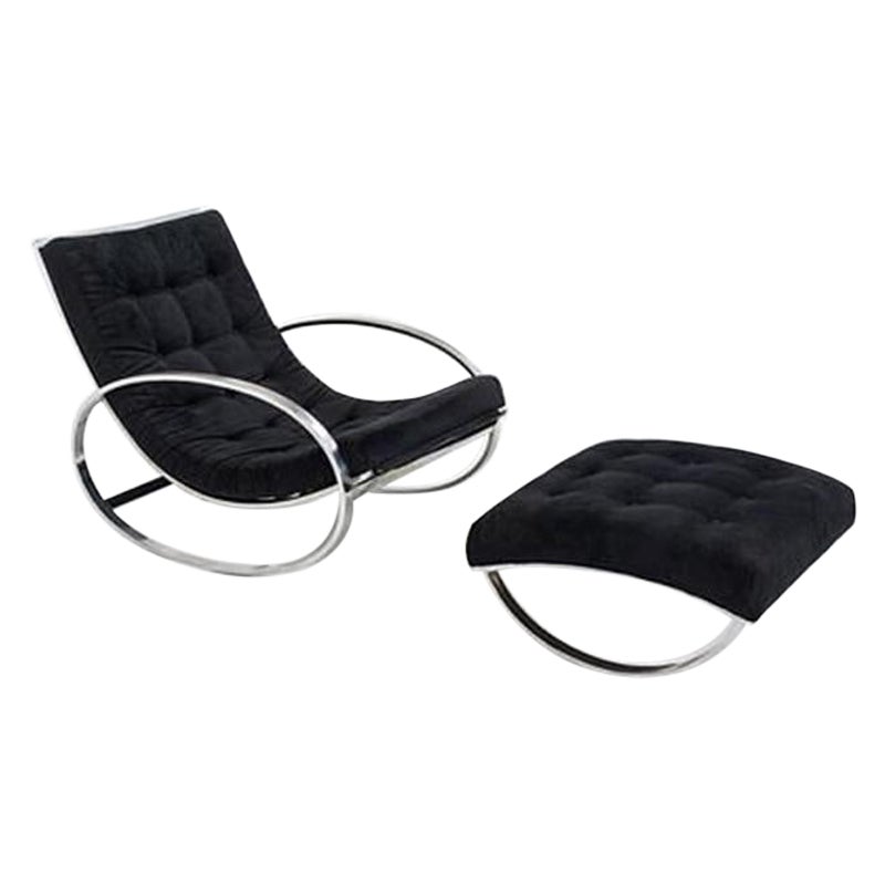 1970s Renato Zevi for Selig Ellipse Lounge Chair & Ottoman in Steel & Fabric