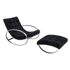 Vintage 1970s Renato Zevi for Selig Ellipse Lounge Chair & Ottoman in Steel & Fabric