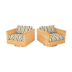 Used 1977 Pair of Harvey Probber Cube Swivel Lounge Chairs in Woven Latania Palm Cane