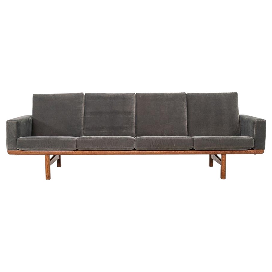 1960s Hans Wegner for GETAMA Four Seat Sofa in Oak with Grey Velvet Upholstery