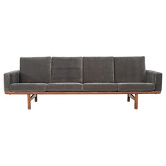 1960s Hans Wegner for GETAMA Four Seat Sofa in Oak with Grey Velvet Upholstery