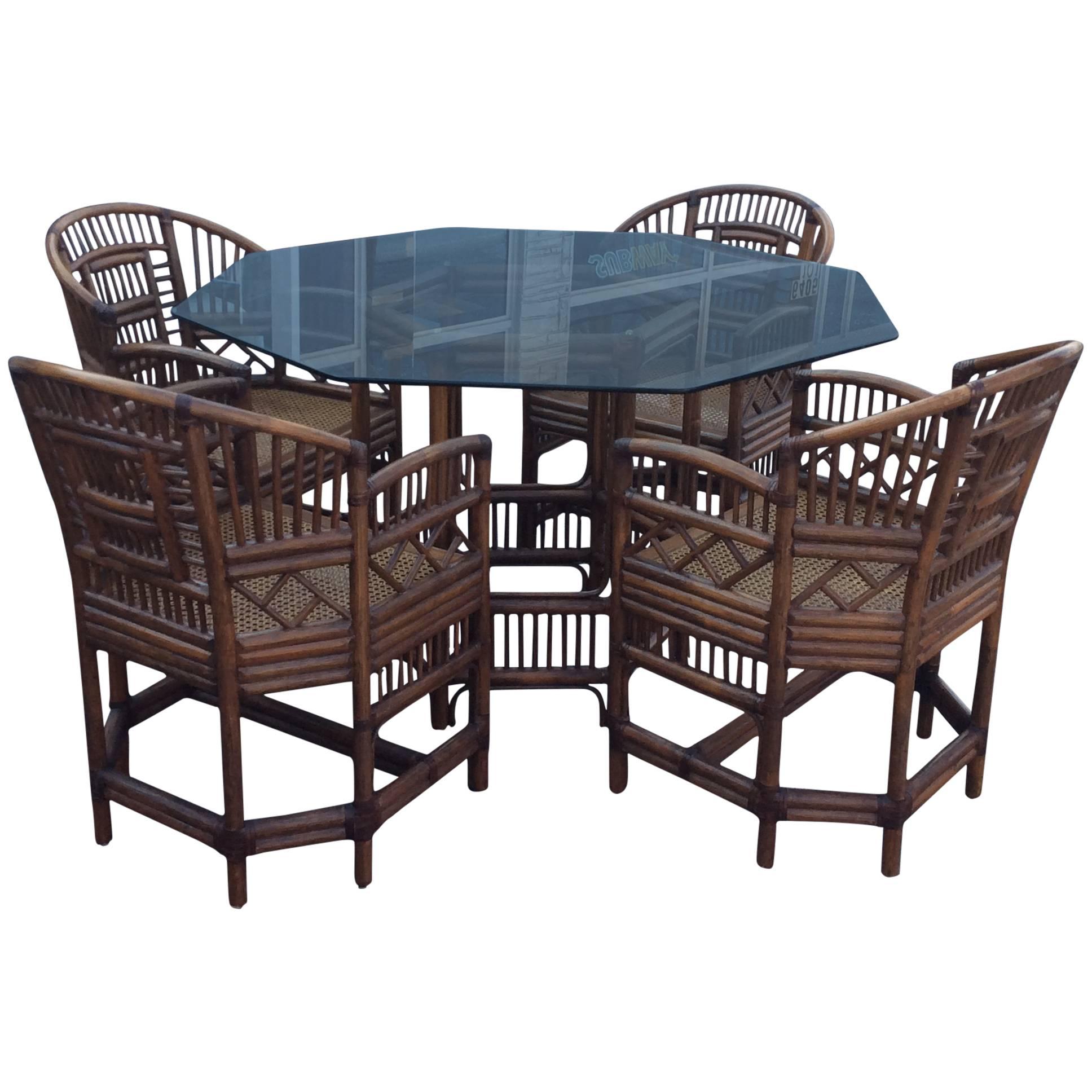 Brighton Style Rattan Dining Set Game Table Chinese Chippendale Four Chairs