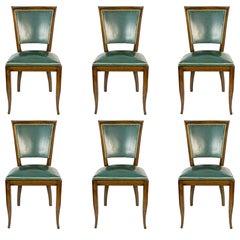 Italian art deco wood & dark green skai 1930s dining chairs, set of 6