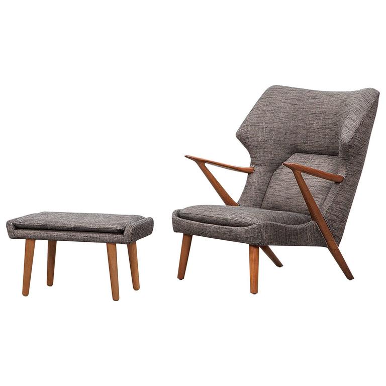 1950's grey fabric, wooden frame Lounge Chair with Ottoman ...
