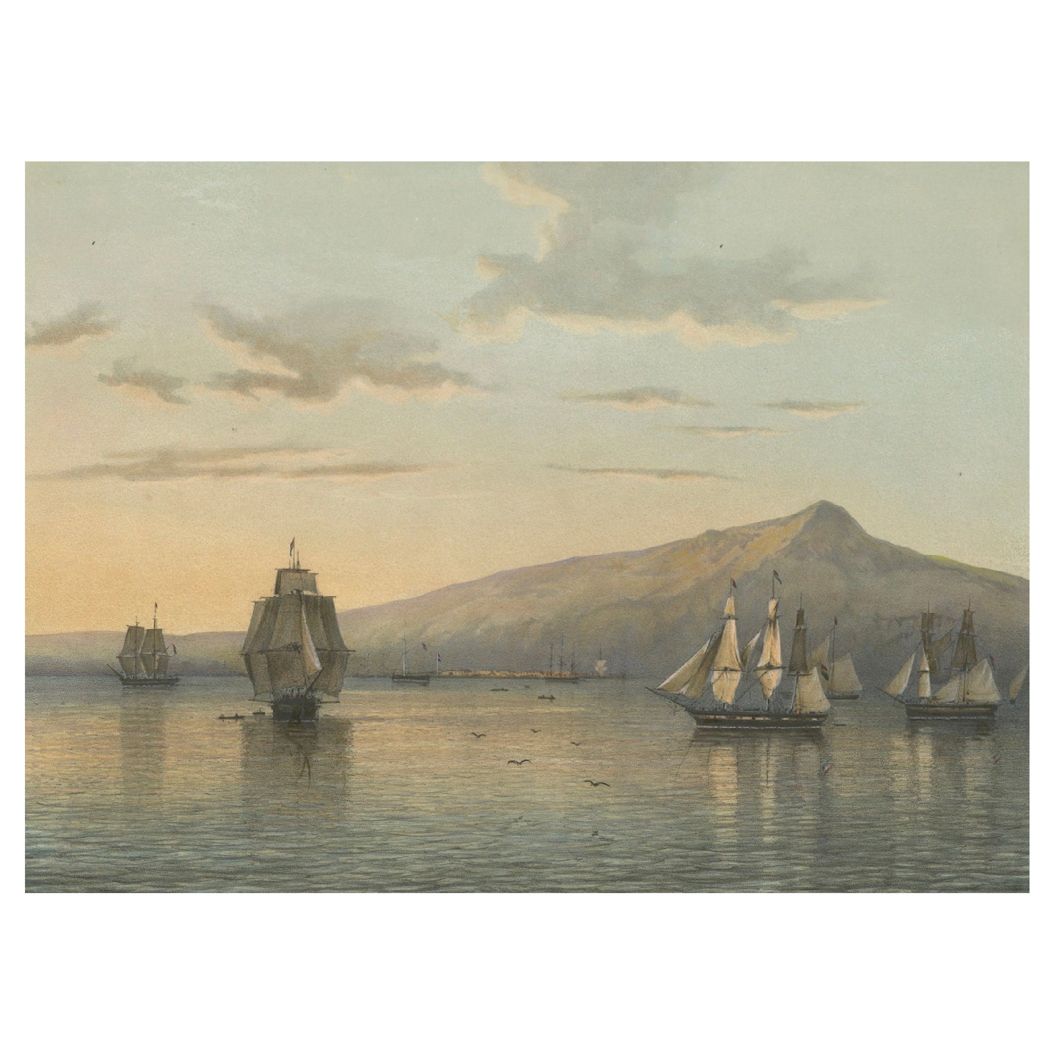 Vue d'Anjer près du volcan Krakatoa, détroit de la Sonde - Lithographie de Java, 1872