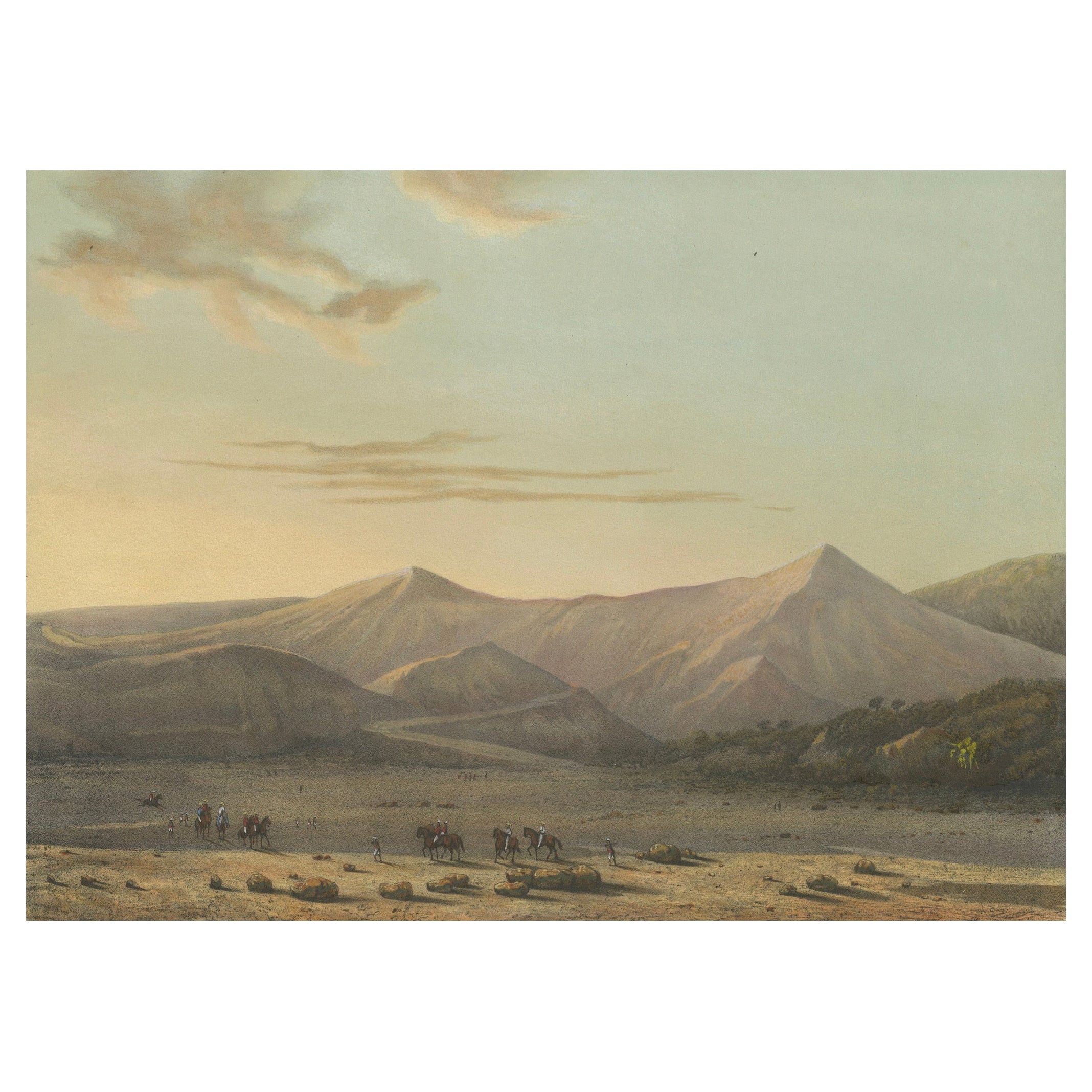 Mount Bromo Volcano Erupting in 1856 – East Java Lithograph, Published 1872 For Sale