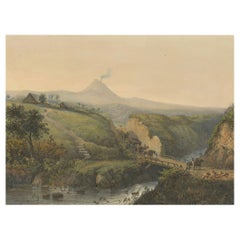 Landschaft bei Probolinggo mit rauchendem Vulkan - Java Lithographie, ca. 1872