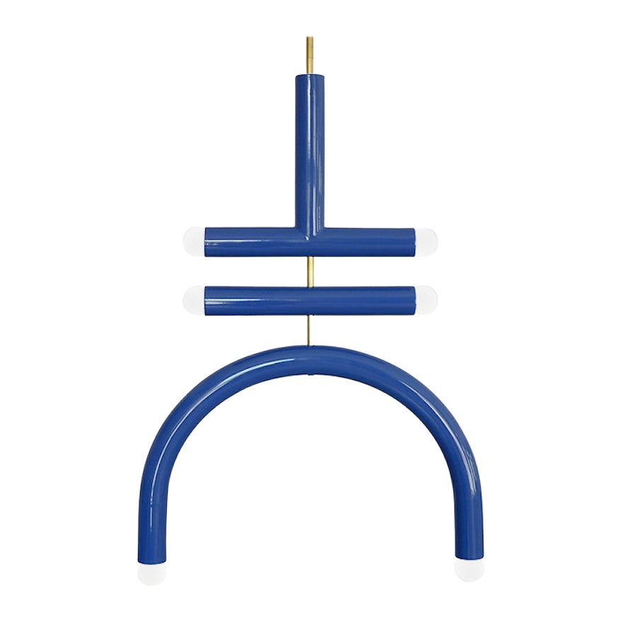 Ceramic Pendant Lamp 'TRN F2' by Pani Jurek, Brass Rod, Blue Denim